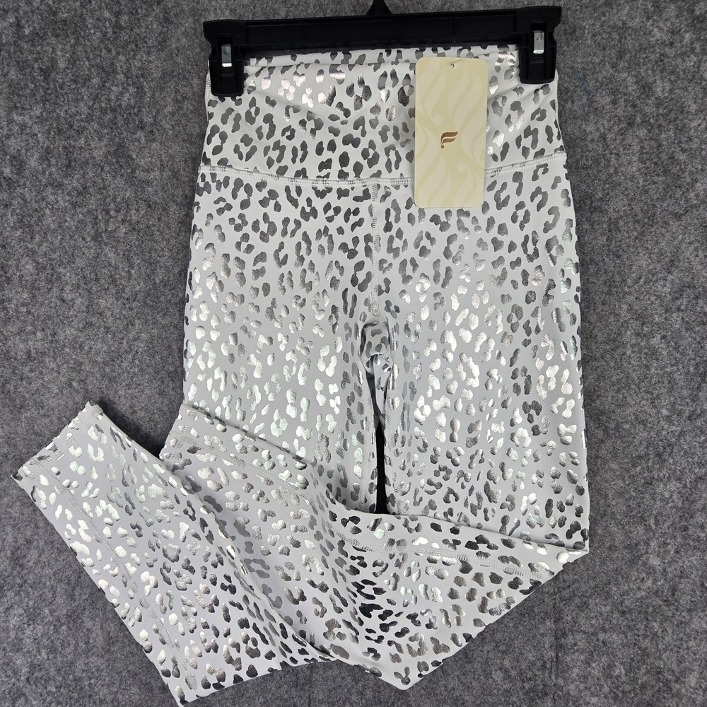 Fabletics PowerHold Leggings Womens XS White Silver Leopard High Waist 7/8 Print